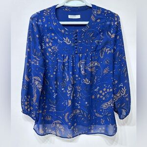 Reitman’s Signature Royal Blue and Gold Long Sleeve Gartered Sheer Blouse Size M